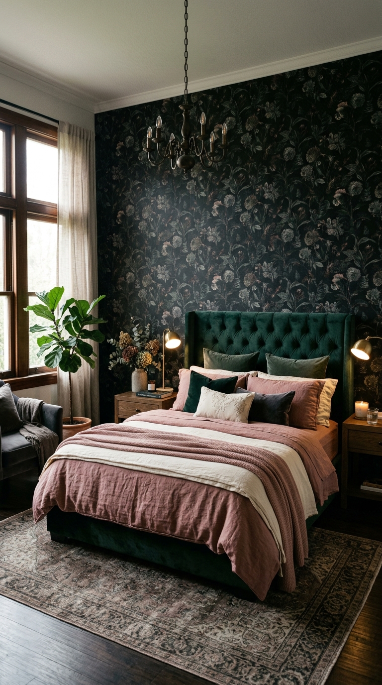 Dark floral wallpaper bedroom with black botanical print, velvet headboard, and layered romantic bedding