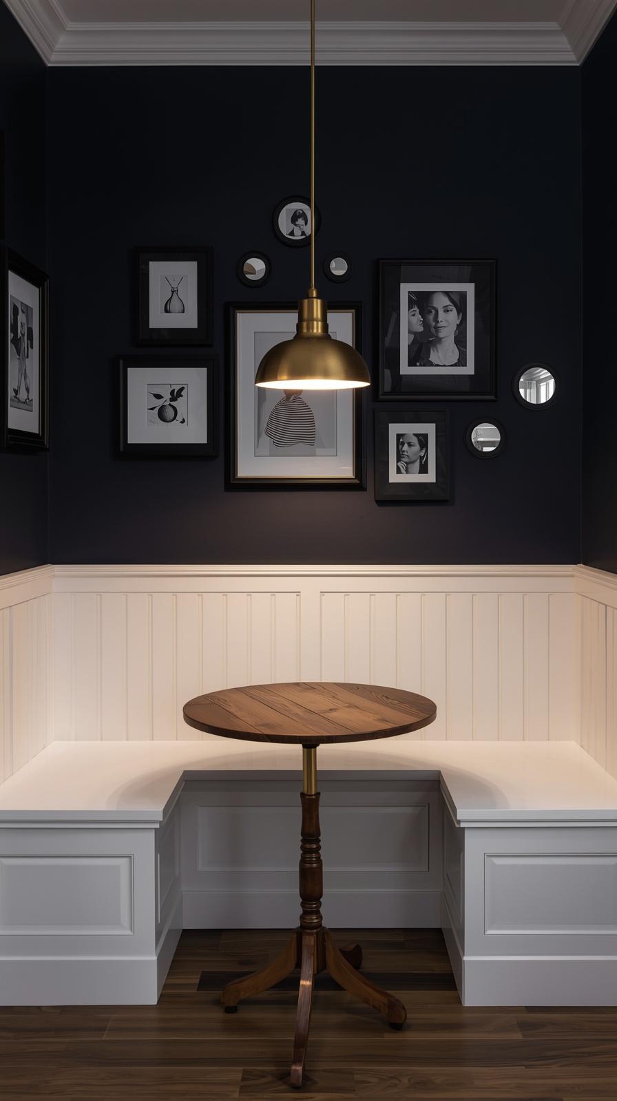 Moody breakfast nook with navy gallery wall, black-framed art prints, and brass pendant light