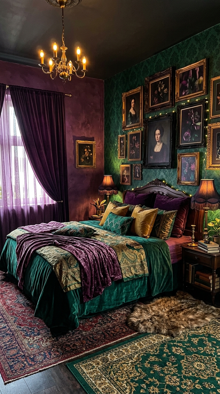 Dark maximalist bedroom with layered jewel tones, velvet textures, and rich moody gallery wall