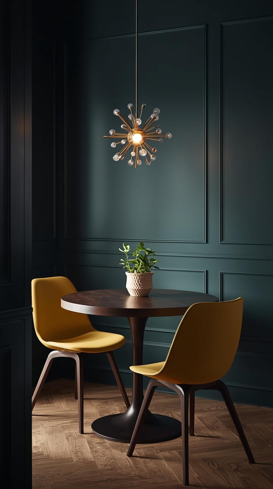 Dark mid-century modern breakfast nook with teal walls, walnut table, and Sputnik brass pendant