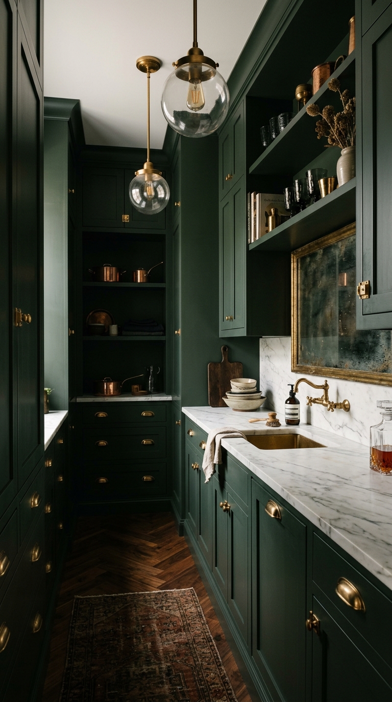 Dark forest green butler's pantry with brass hardware and marble countertop for a moody luxury look