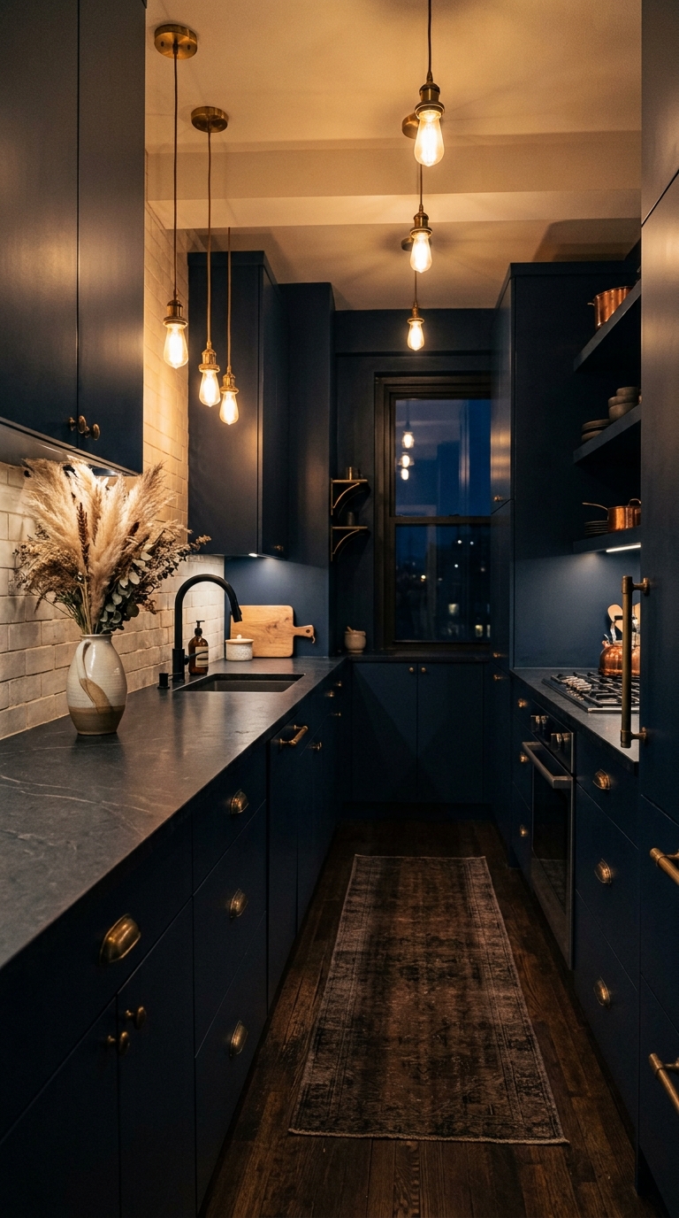 Moody dark navy galley kitchen with brass pendant lights and antique hardware for a dramatic narrow kitchen design