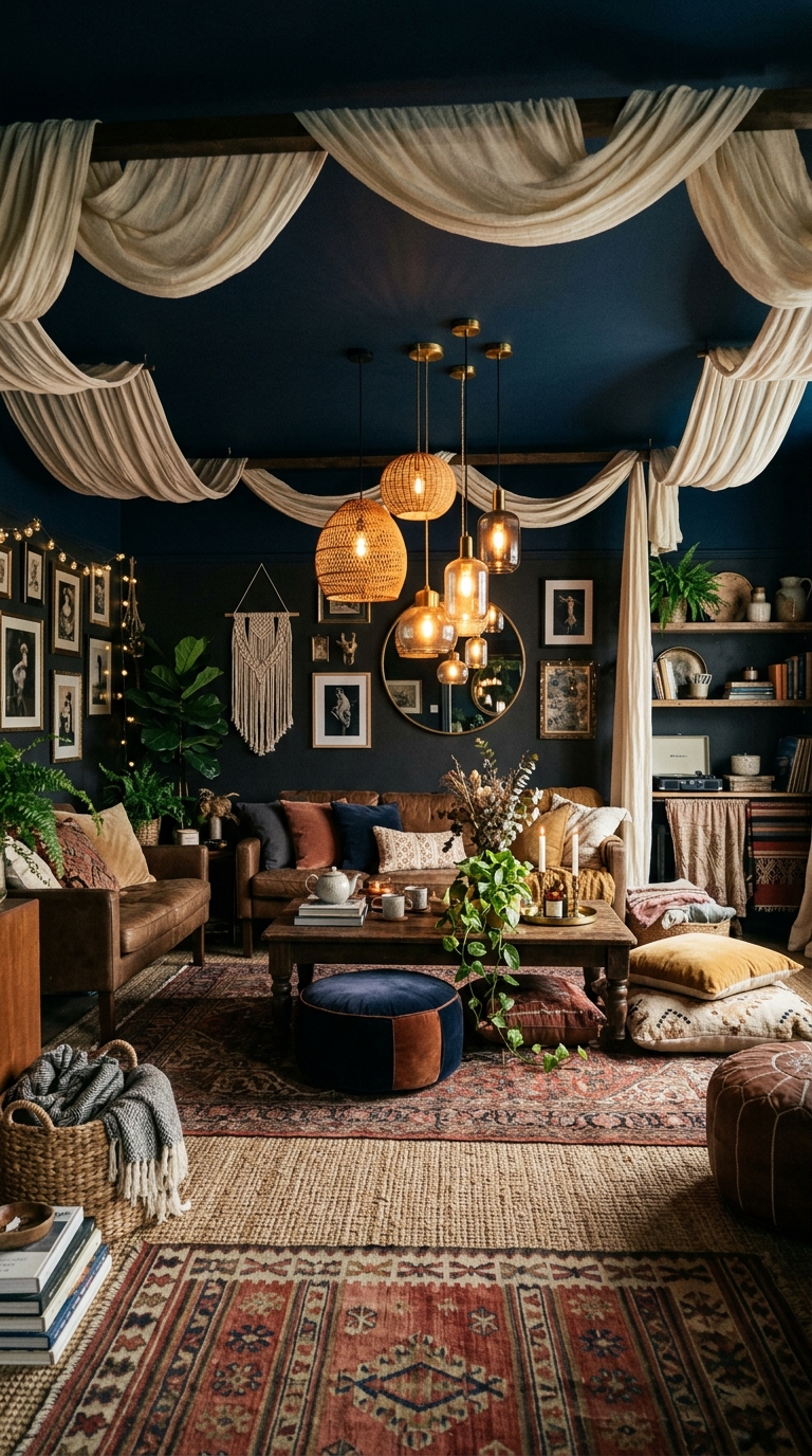 Dark navy painted ceiling with draped fabric in a moody boho living room