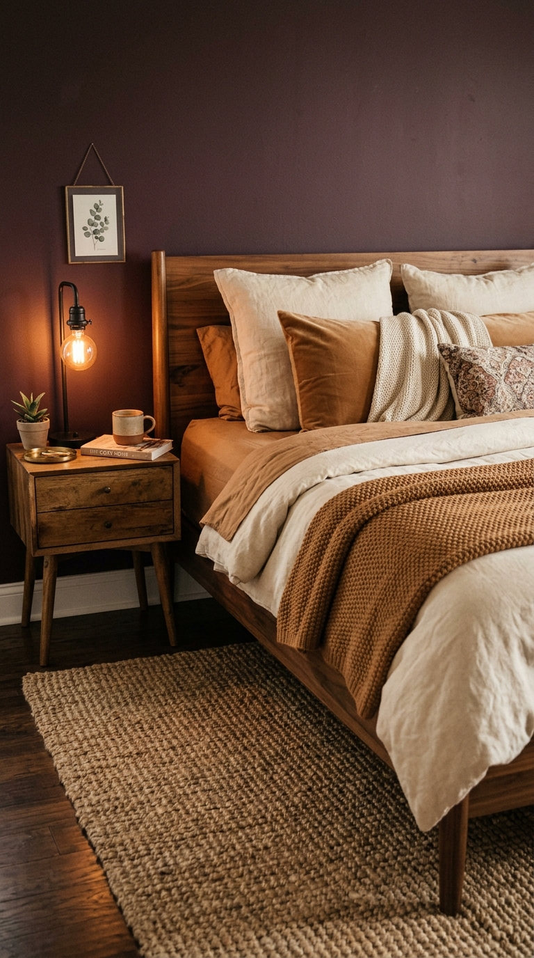 Moody dark plum accent wall bedroom with warm walnut furniture and cozy layered bedding