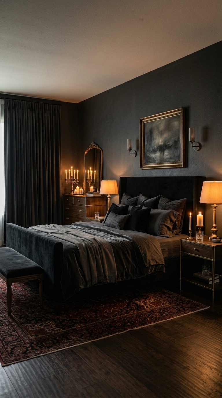 Moody dark romantic bedroom with luxurious decor and warm lighting