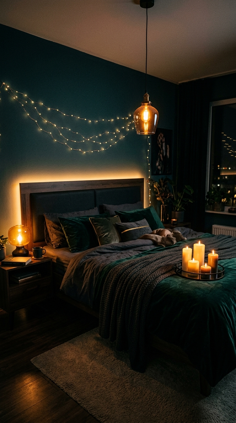 Moody dark romantic bedroom lighting with candles, amber lamps, and layered light sources for an intimate atmosphere