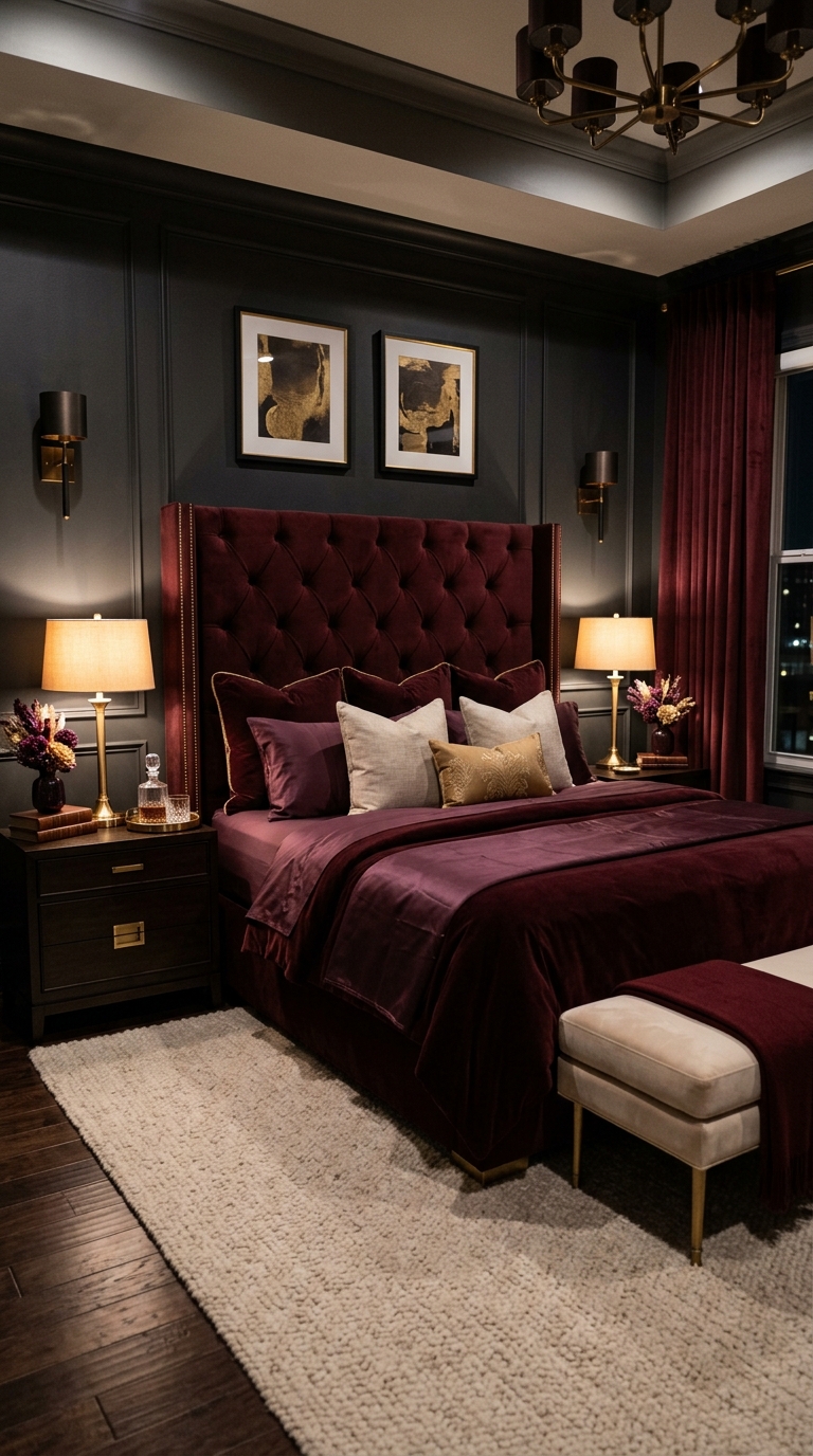 Dark romantic master bedroom with tall velvet headboard, layered luxury bedding, and matching brass lamps