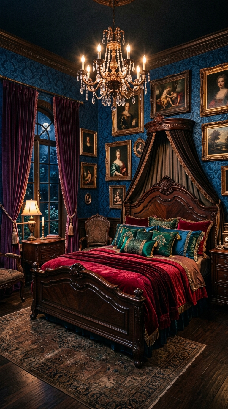 Dark Victorian bedroom with carved wood bed frame, damask wallpaper, jewel-tone bedding, and velvet drapes