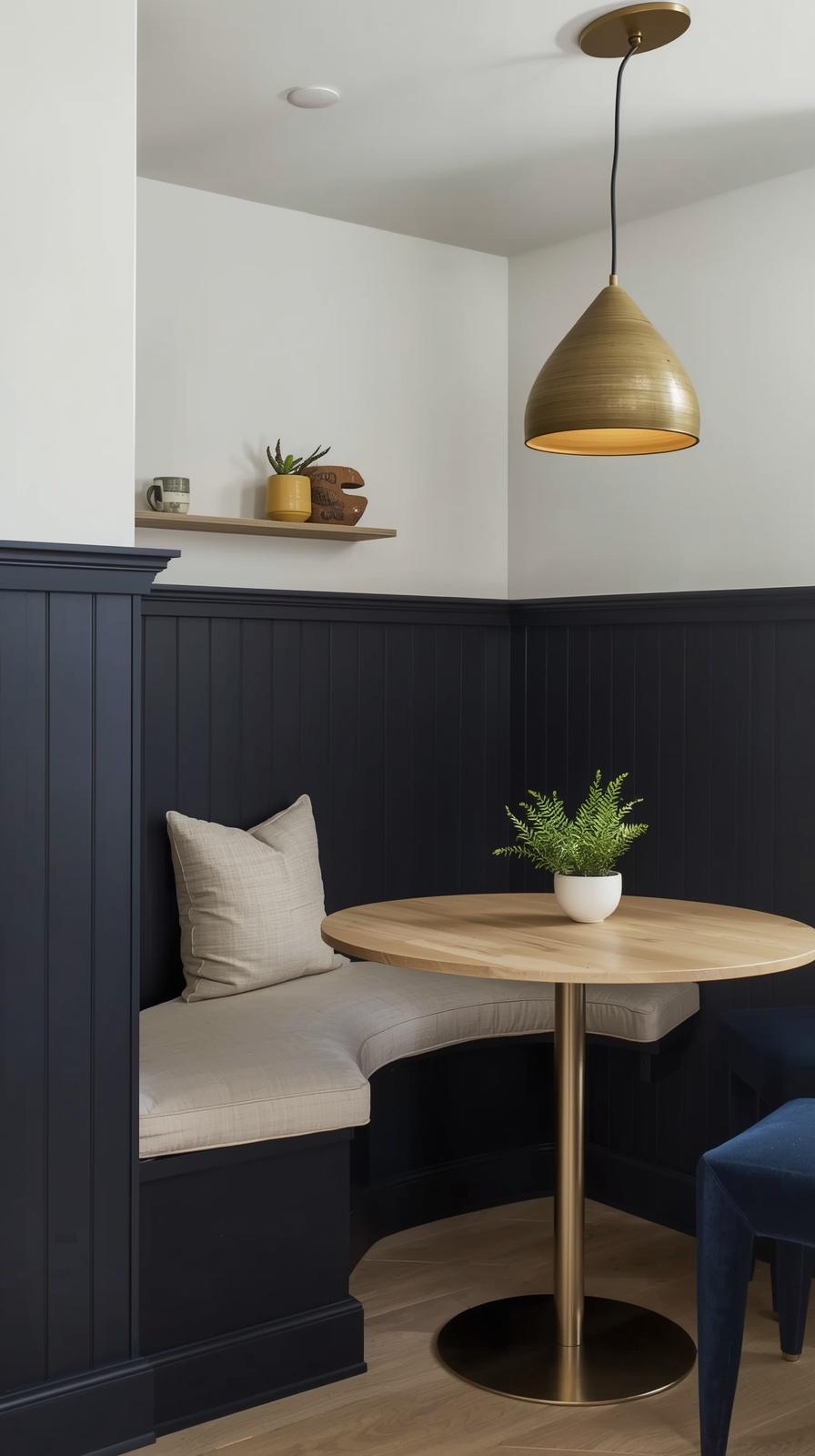 Moody breakfast nook with dark navy wainscoting panels, cream bench cushion, and floating shelf