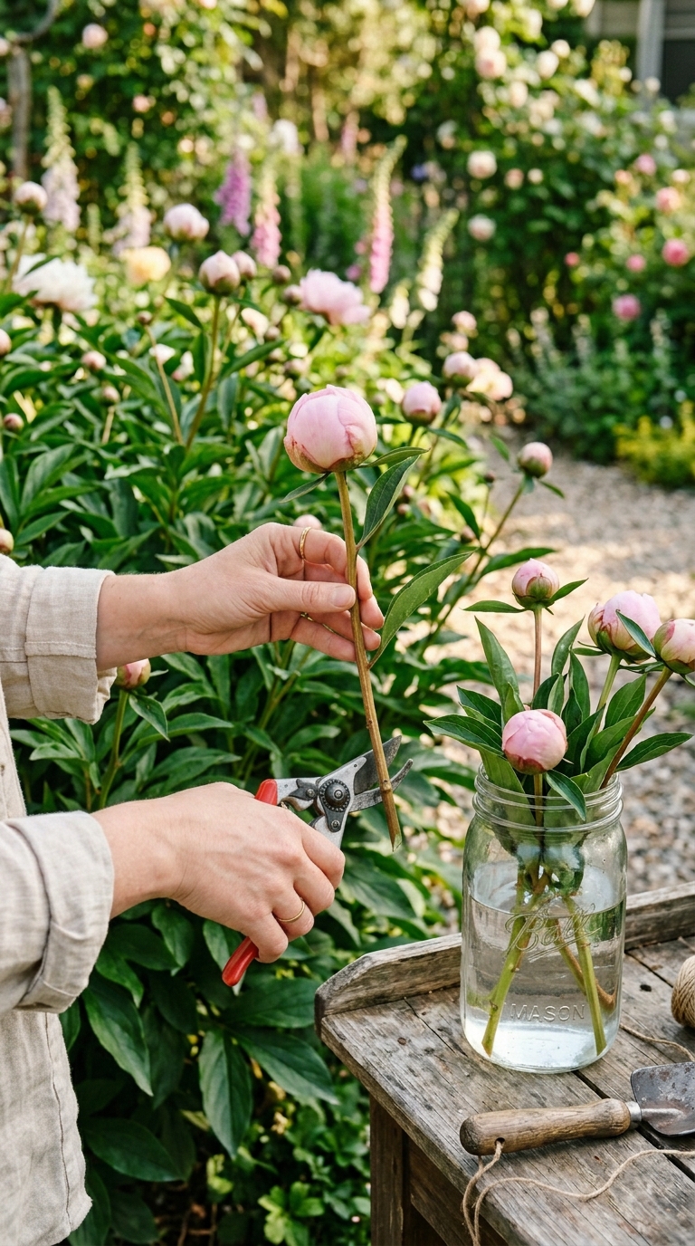 Hand cutting a peony stem at bud stage for cut flowers from a container plant showing correct deadheading and harvesting technique