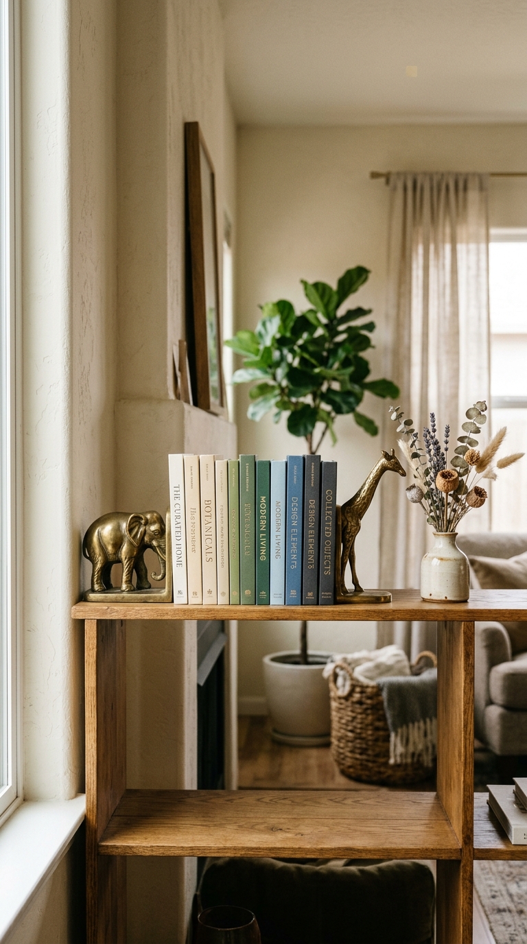 Living room shelf with brass sculptural bookends flanking color-coordinated books, small bud vase with dried botanicals, warm elegant styling
