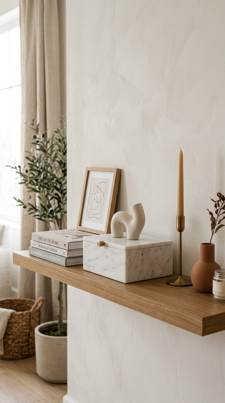 Living room shelf with marble lidded decorative box and small sculptural object on top, warm brass accents, minimal elegant styling