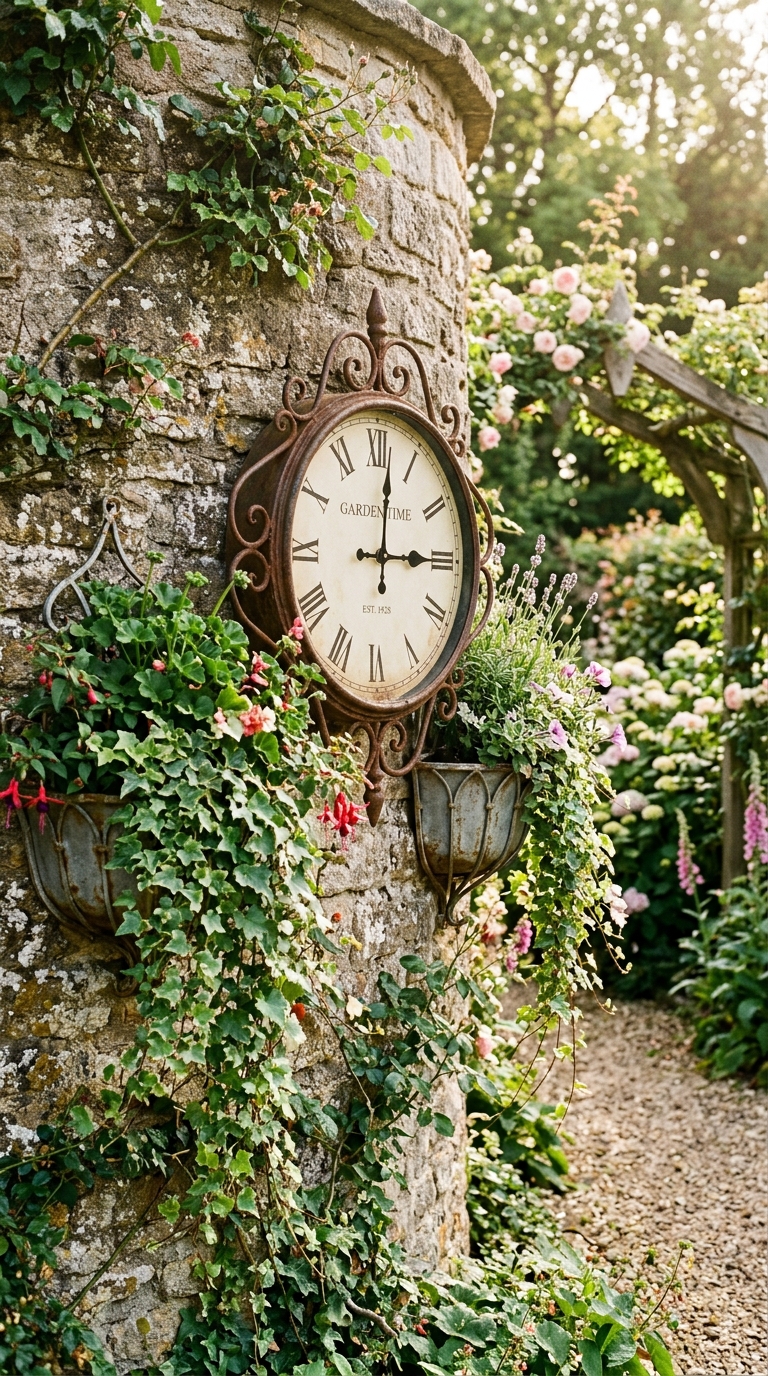 Large weathered iron clock on a stone garden wall flanked by wall planters and trailing plants