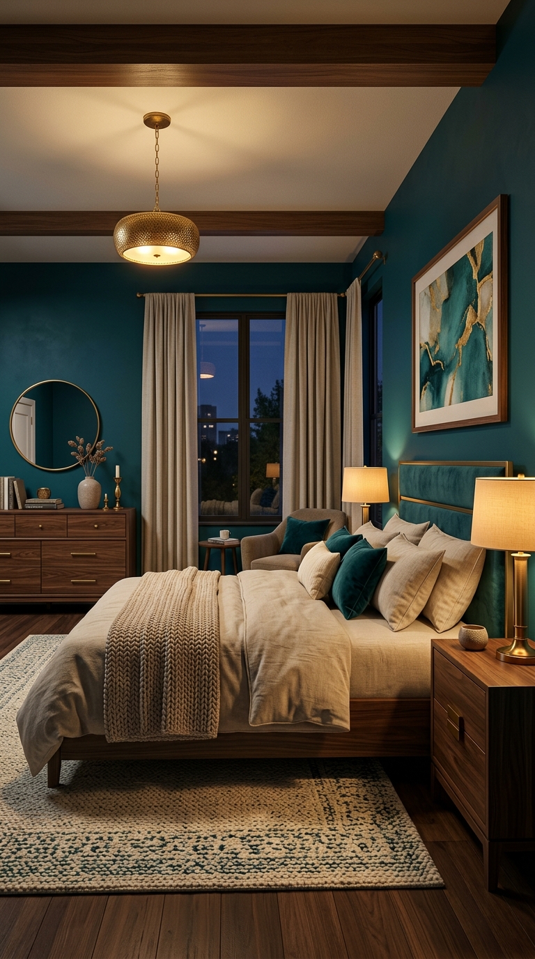 Deep teal bedroom walls with walnut wood furniture creating a cozy retreat