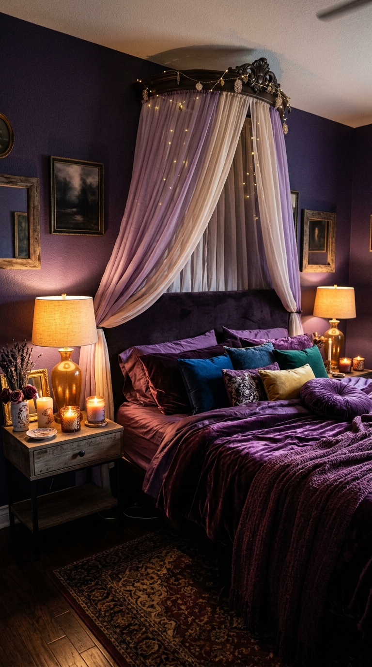 Deep violet romantic bedroom with velvet bedding, canopy, and moody amber lighting