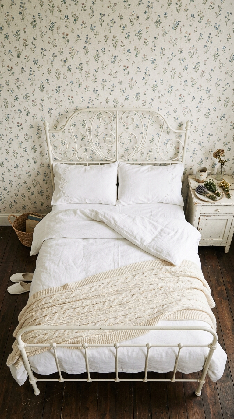 Delicate botanical sprig wallpaper in a minimal shabby chic bedroom with white iron bed and cream textiles