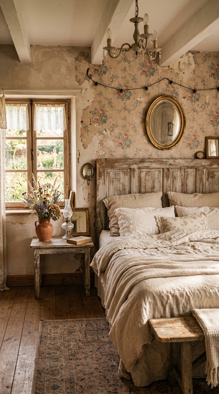 Distressed floral wallpaper with whitewashed plaster effect in a rustic shabby chic bedroom with linen bedding
