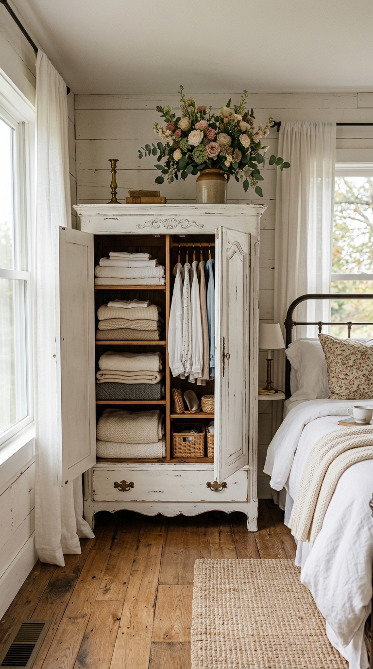 Distressed white armoire with antique brass handles used as wardrobe storage in a shabby chic bedroom with soft natural light