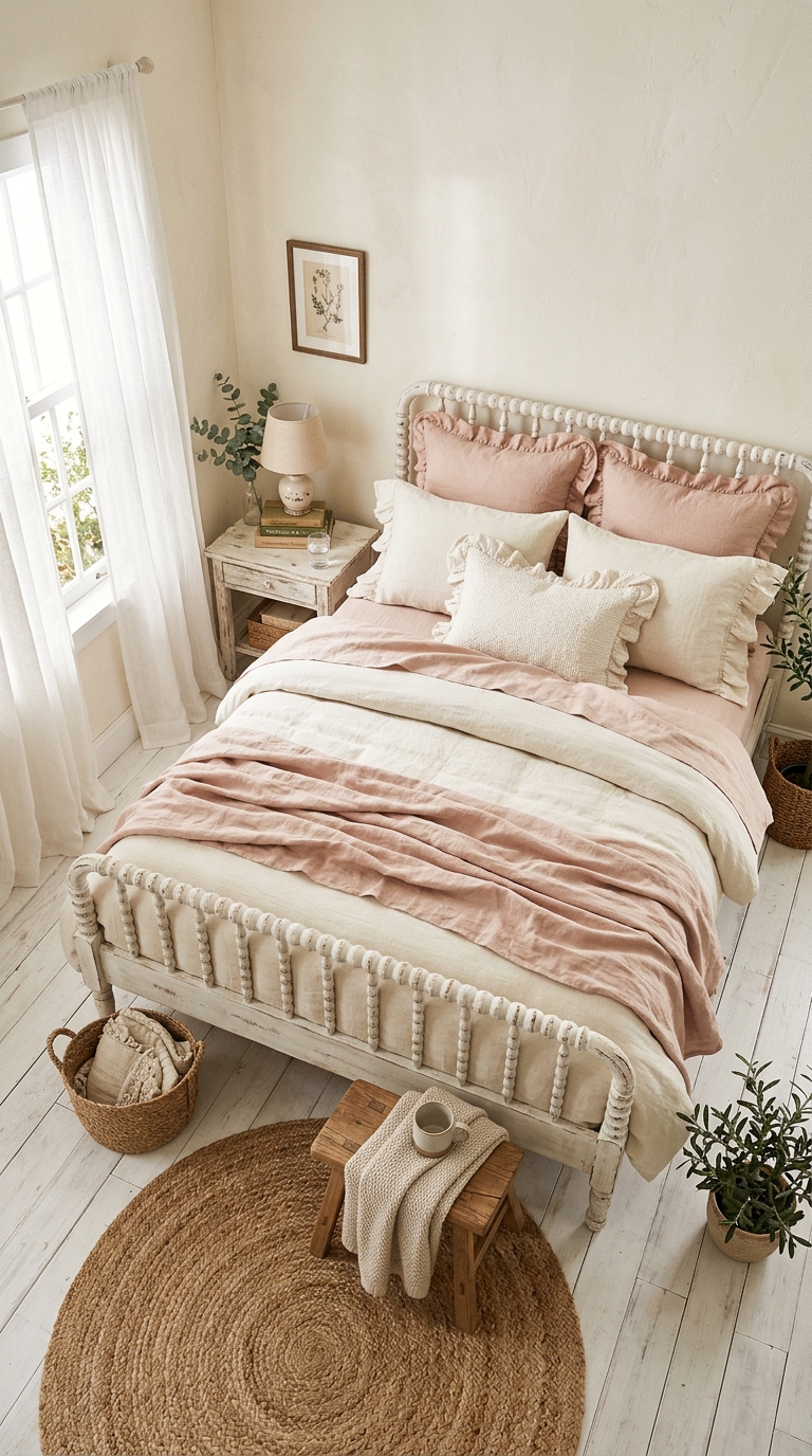 Distressed white wood bed frame in a cozy farmhouse shabby chic bedroom with layered linen bedding and soft natural light