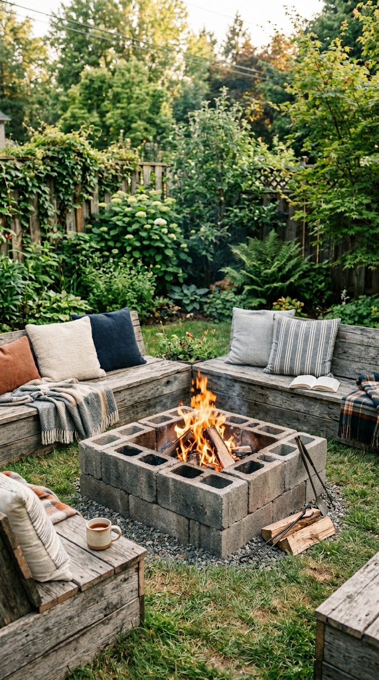 Budget-friendly DIY sunken fire pit idea with cinder block and wood seating