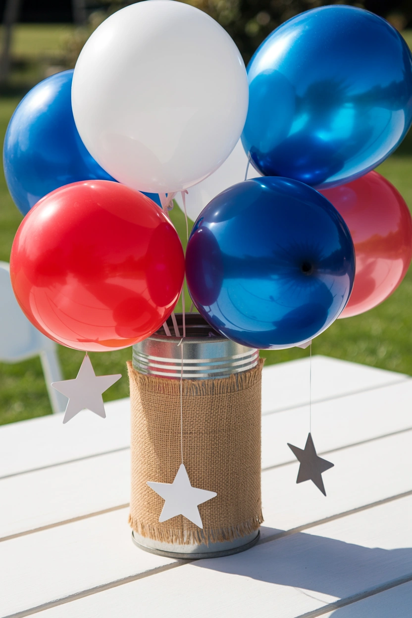 DIY firecracker balloon centerpiece with red, white, and blue balloons in a burlap tin can for 4th of July kids' table decor