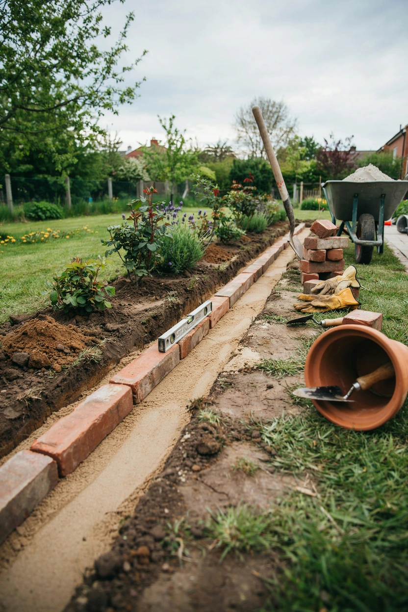 DIY mortar-free brick garden edging being laid in a sand bed with spirit level and mallet, practical weekend garden project