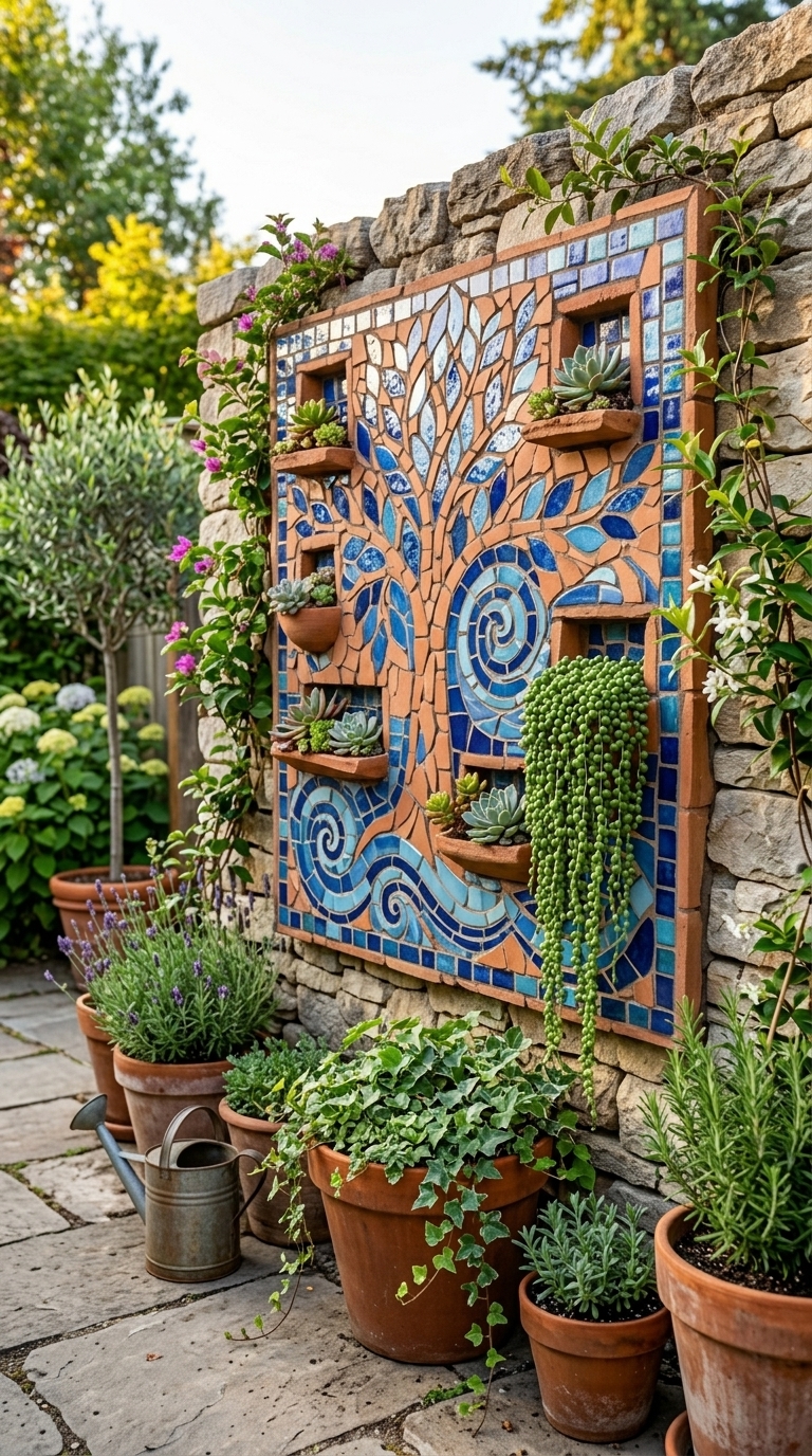 Handmade terracotta and blue mosaic panel on a stone garden wall with climbing plants