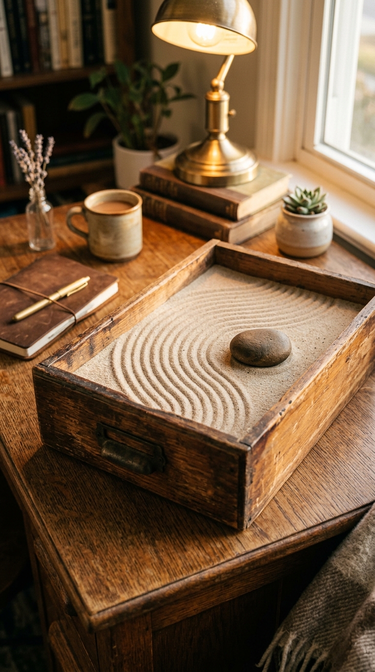 DIY mini zen garden made from a repurposed wooden drawer for desk decor