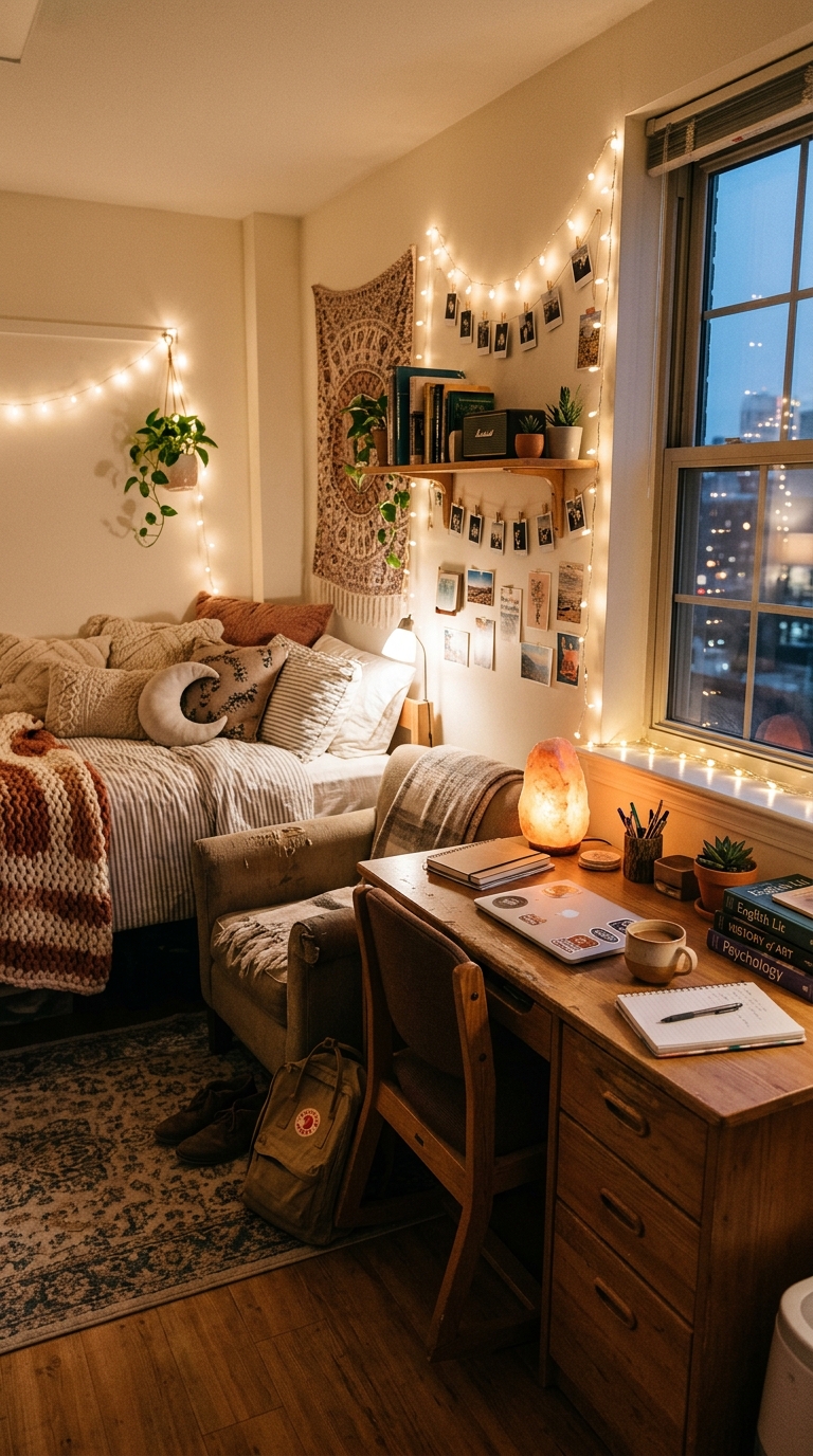 Cozy dorm room with salt lamp and decorative lighting