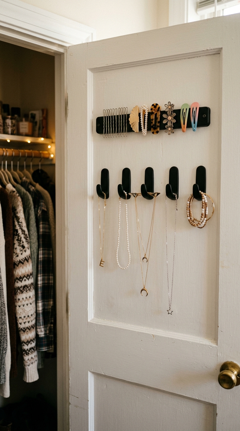Magnetic strip and command hooks inside a college dorm closet door holding hair accessories and jewelry for organized small item storage