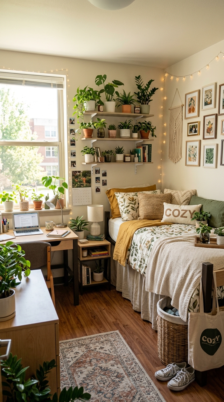 Dorm room decorated with low-maintenance indoor plants