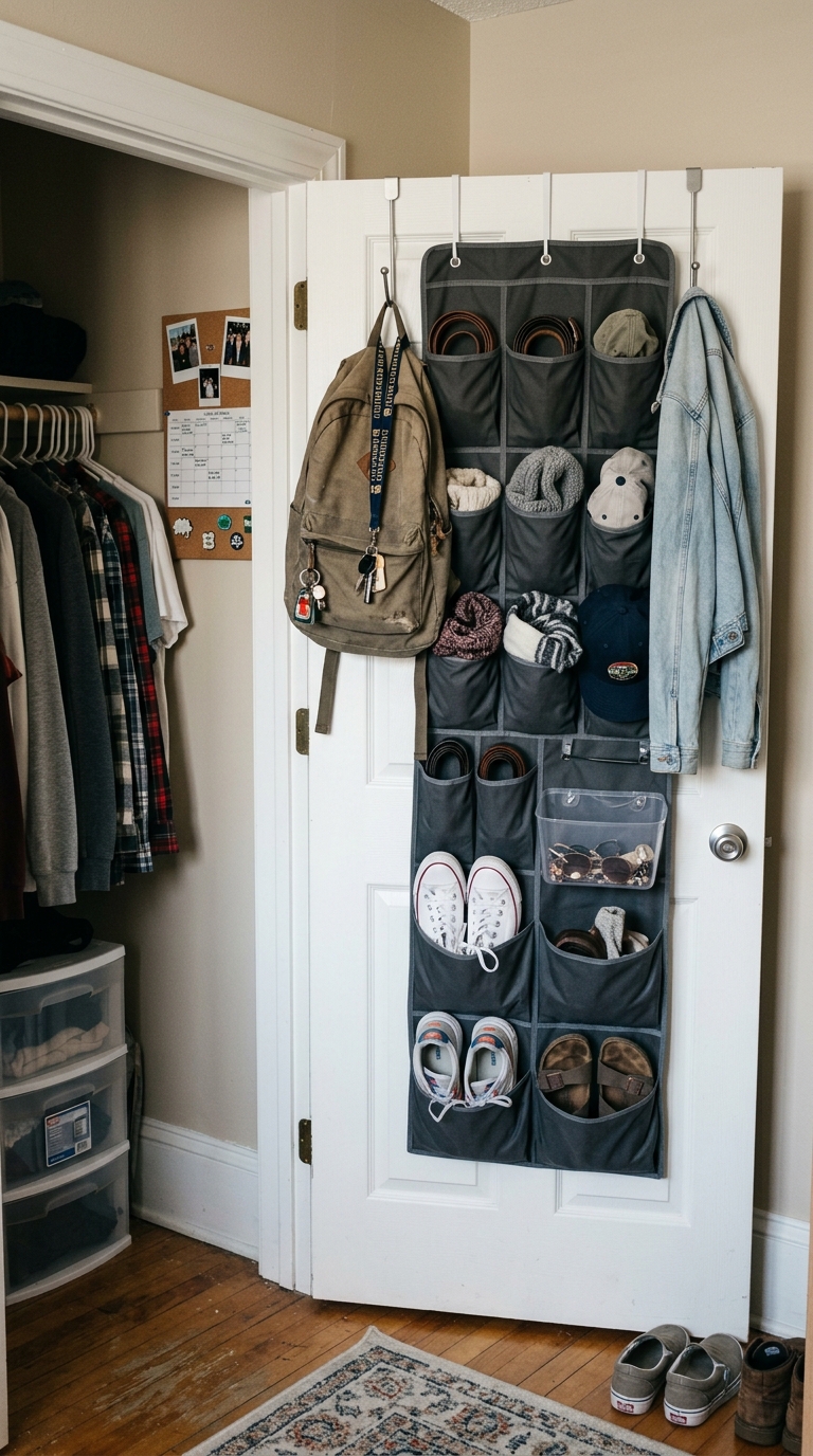 Functional closet door storage organizer in dorm room