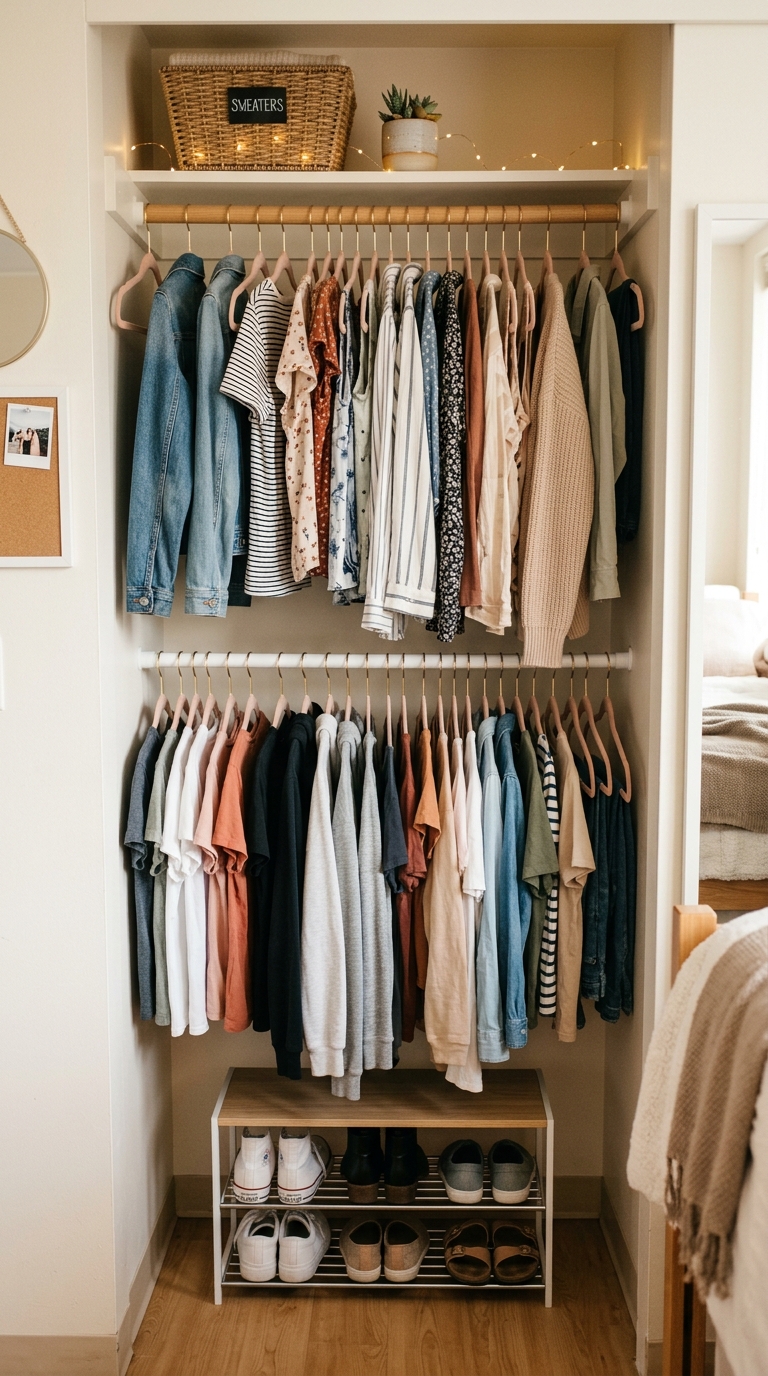 Double hanging rod setup in a college dorm closet using a tension rod to maximize small closet storage space