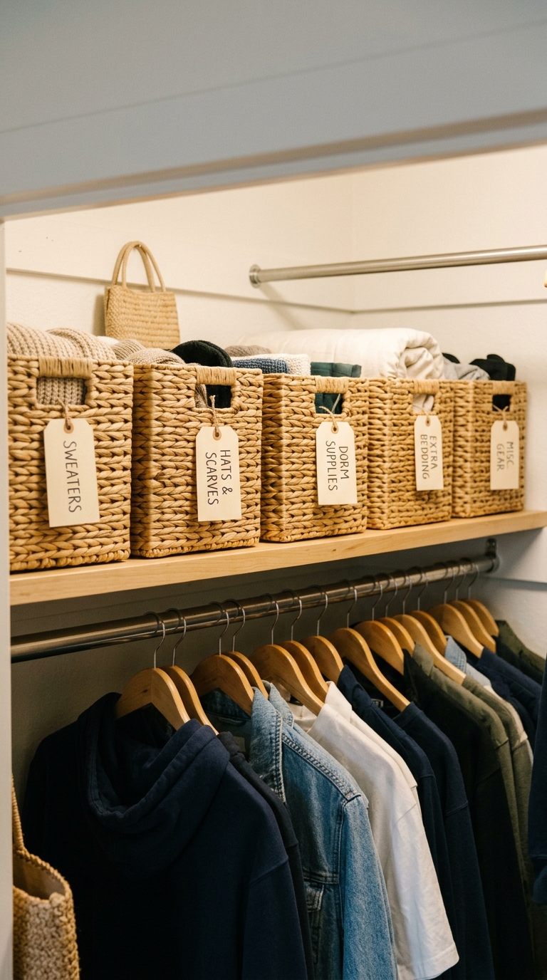 College dorm closet top shelf organized with matching seagrass baskets for out-of-reach but accessible storage