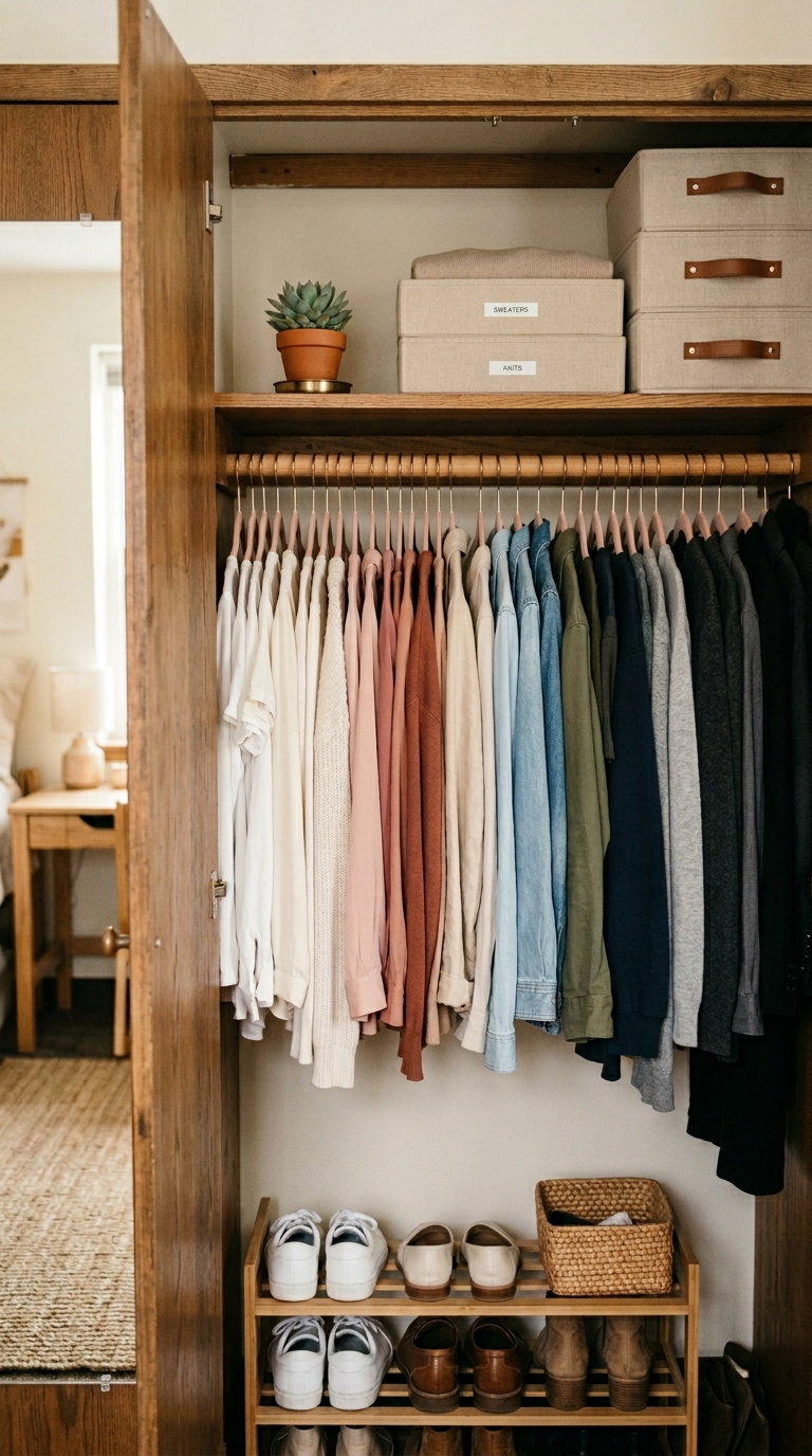 College dorm closet organized with matching blush velvet hangers and color-coordinated clothing for a clean aesthetic storage look