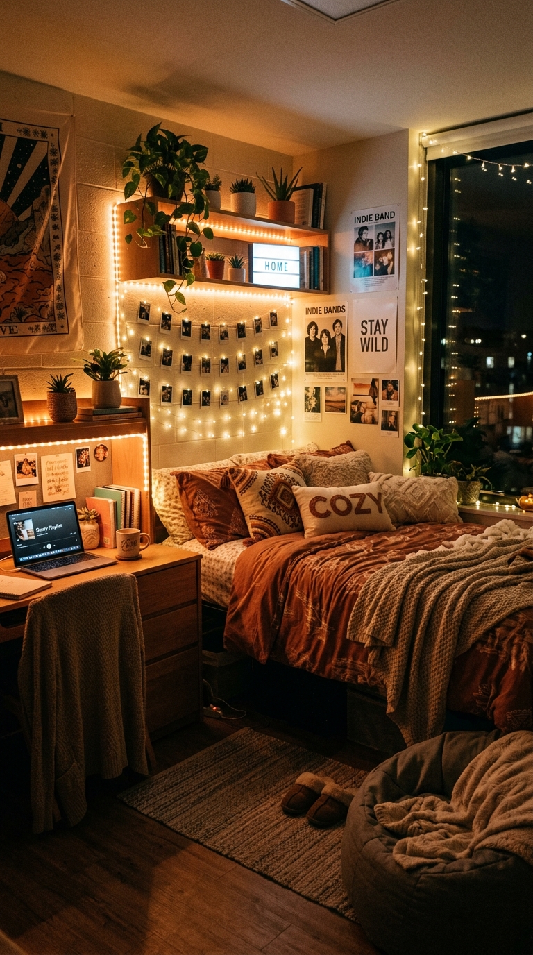 Dorm room illuminated with fairy lights and LED strips