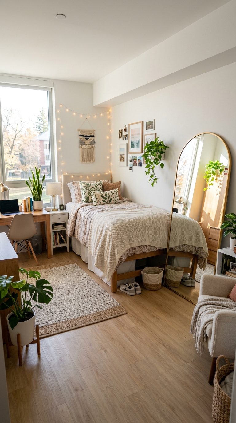 Full-length mirror making a dorm room look larger
