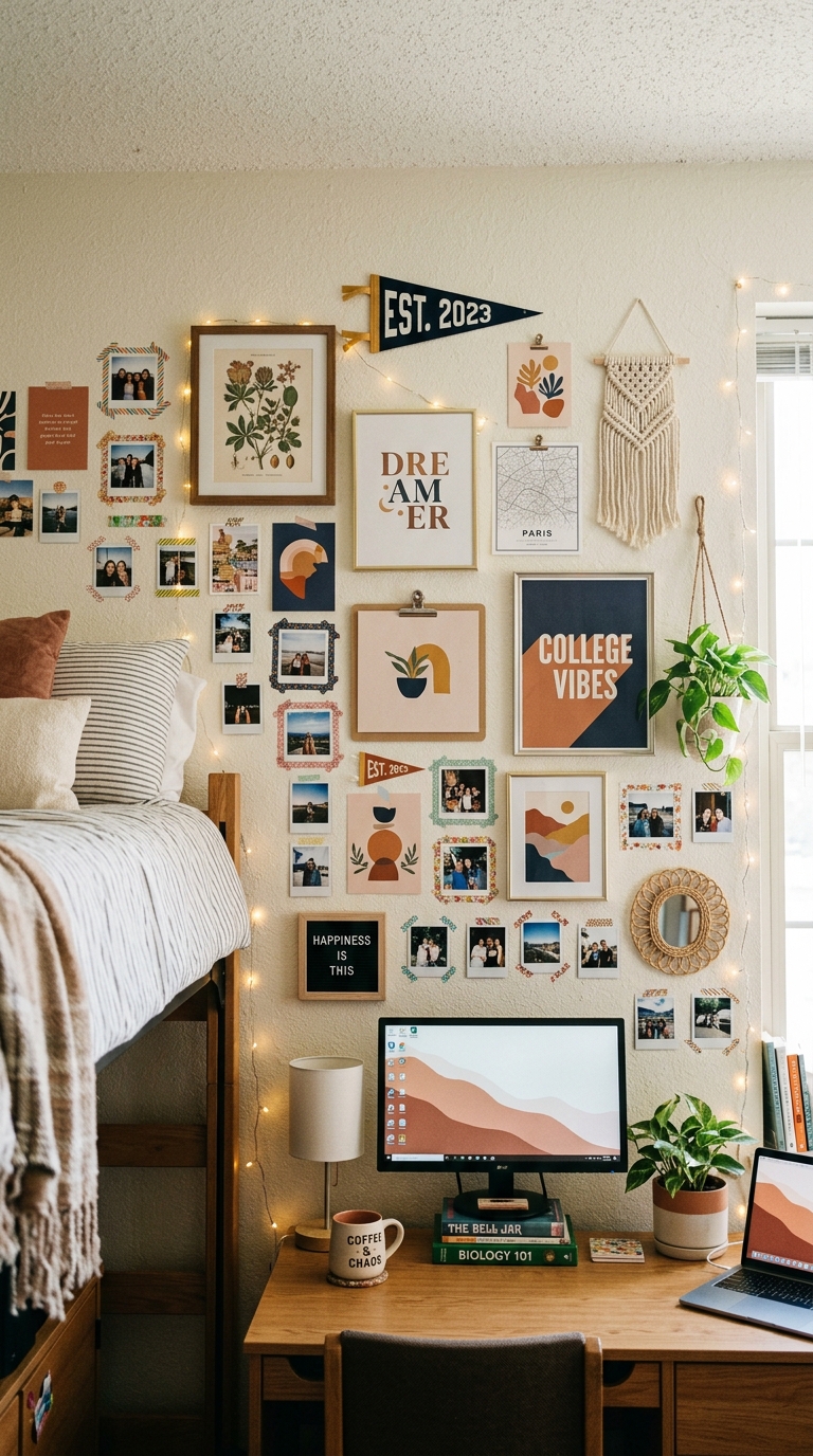 Creative dorm gallery wall with prints and photos