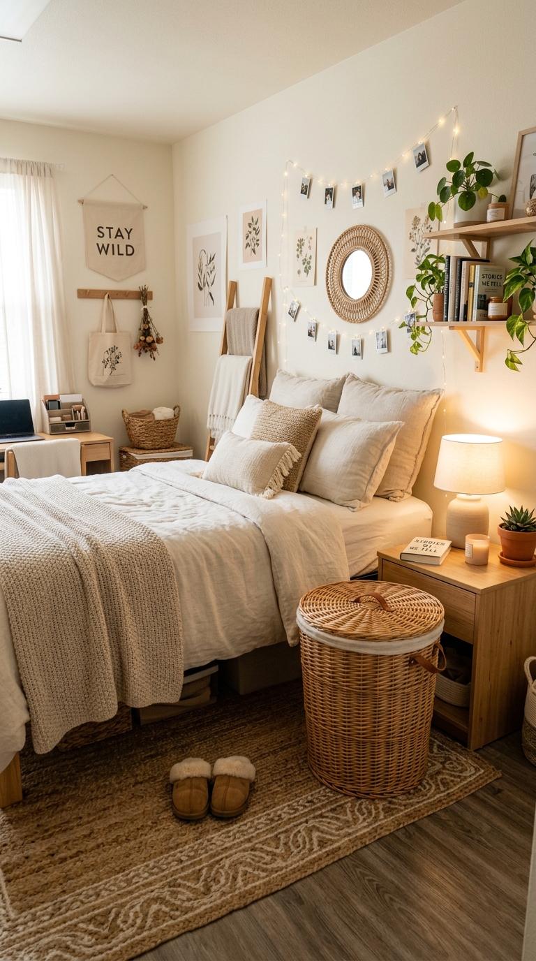 Stylish woven laundry hamper in aesthetic dorm room