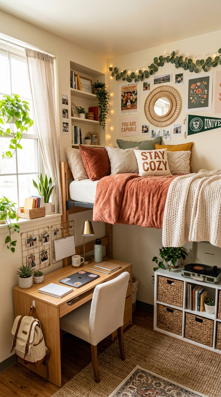 Beautiful dorm room designed with a cohesive aesthetic theme