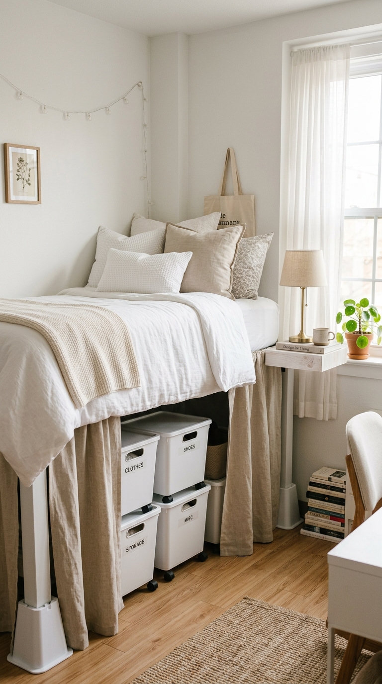 College dorm room with bed risers and white rolling storage bins underneath for smart under-bed storage in a small space