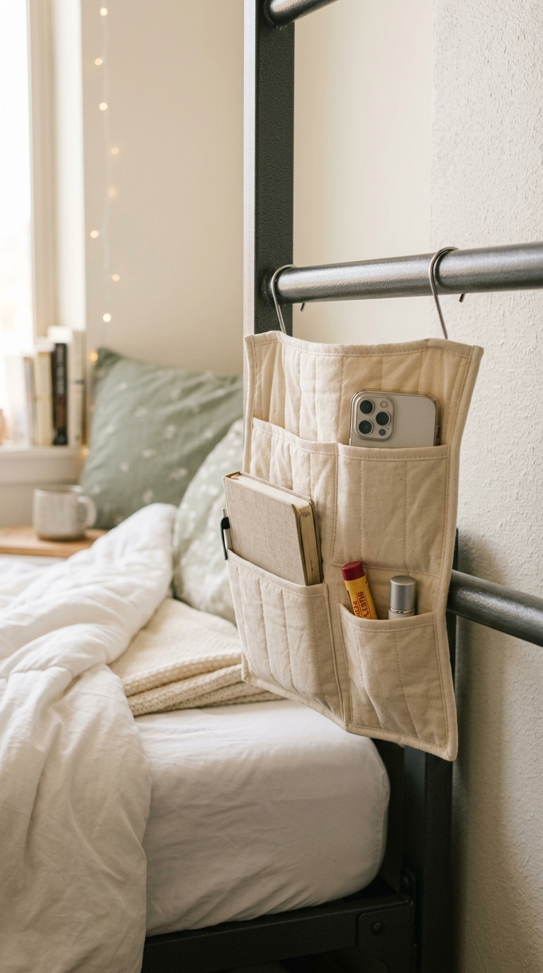 Cream quilted bedside caddy on a college dorm bed keeping nighttime essentials organized and within reach