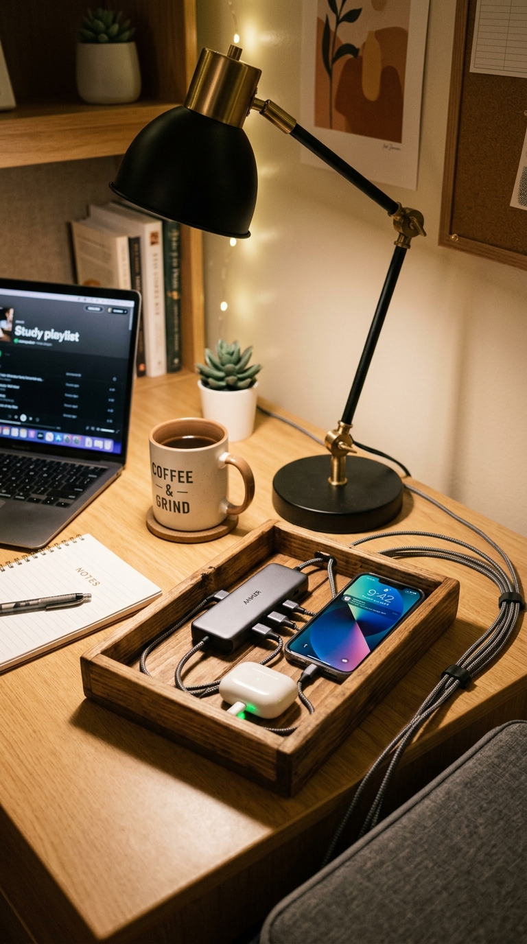Organized charging station on a college dorm desk with a multi-port hub in a wooden tray keeping cords and devices neatly contained