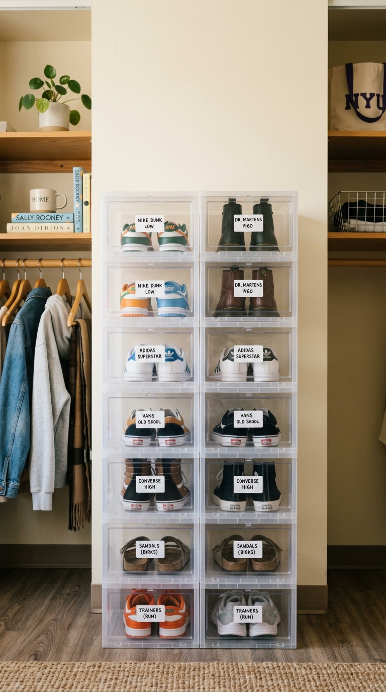 Clear stackable shoe boxes stacked in a college dorm closet for organized and visible shoe storage in a small space