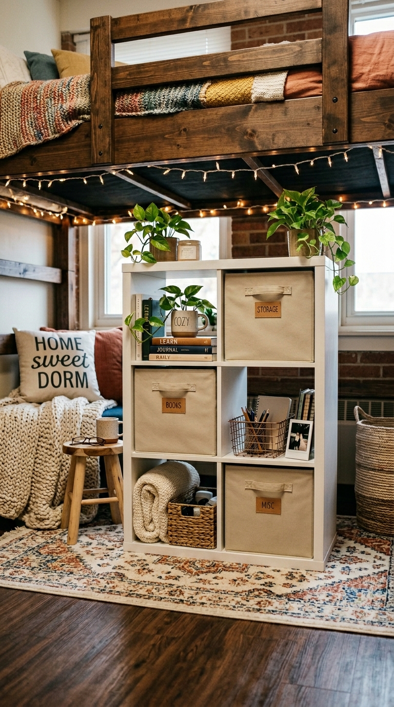 Cube storage organizer under a lofted college dorm bed styled with fabric bins and fairy lights for a cozy storage nook