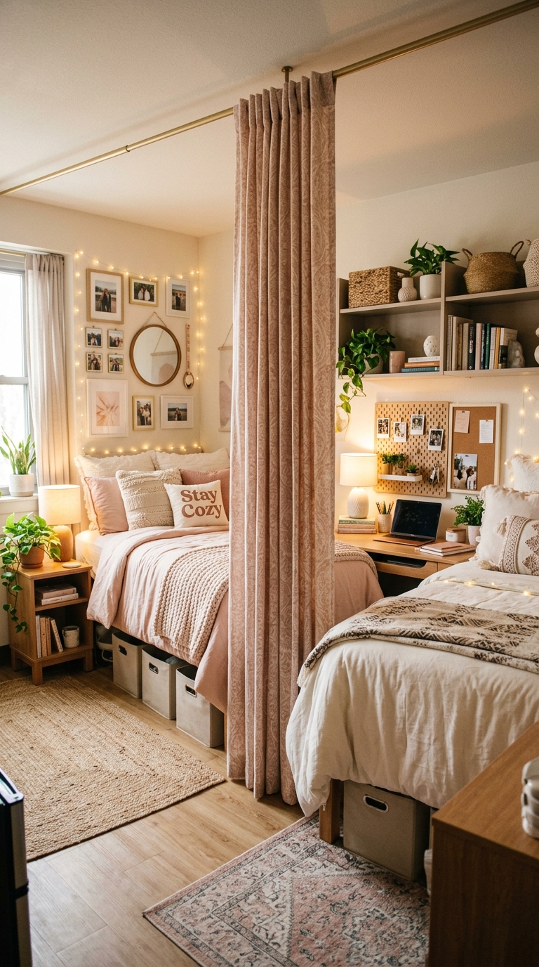 Stylish dorm room divided with soft curtain partition