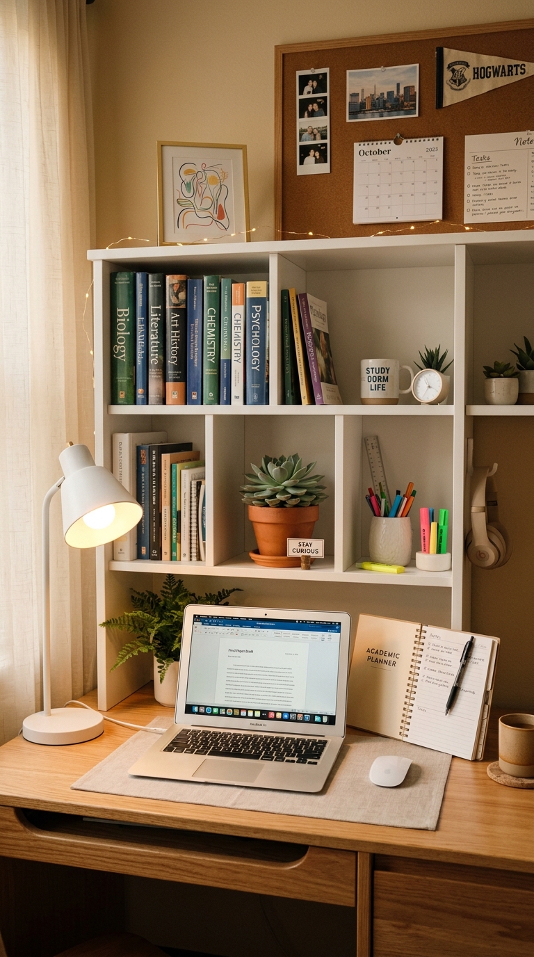 White desk hutch on a college dorm desk adding vertical storage for books, plants, and accessories above the workspace