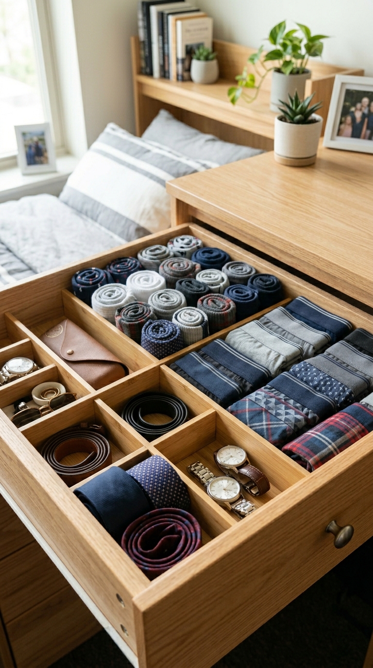 College dorm dresser drawer organized with bamboo drawer dividers and neatly folded clothing for clean and functional storage