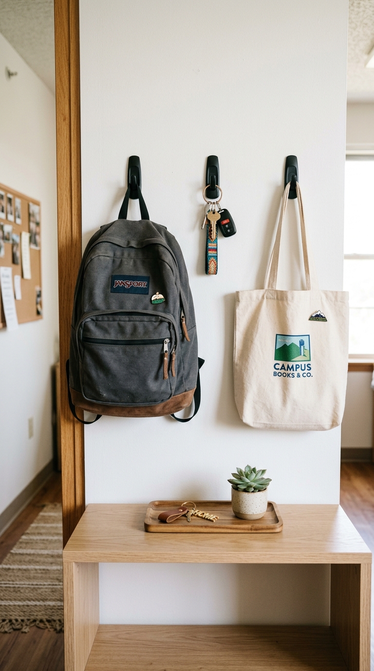 Drop zone near a college dorm room door with command hooks for backpack and keys, and a small tray for daily essentials