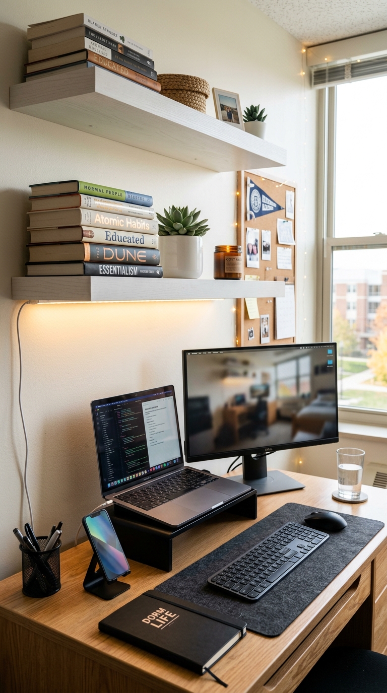 Floating shelves above a college dorm desk styled with books, plants, and LED lighting for aesthetic and functional storage